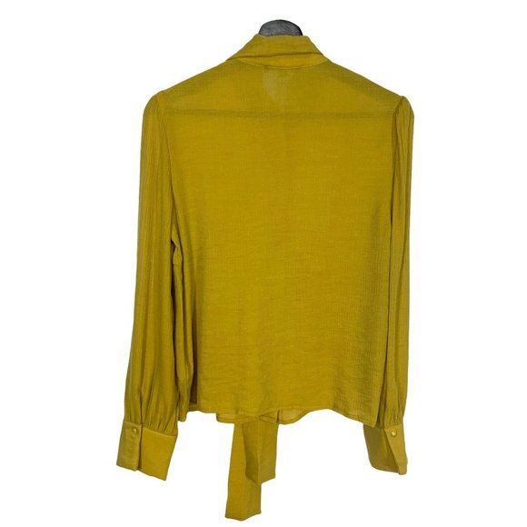 Lulus Chartreuse Gauze Long Sleeve Button Up Neck Tie Top Small - Picture 2 of 10